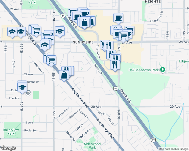 map of restaurants, bars, coffee shops, grocery stores, and more near 15851 Suffolk Road in Surrey