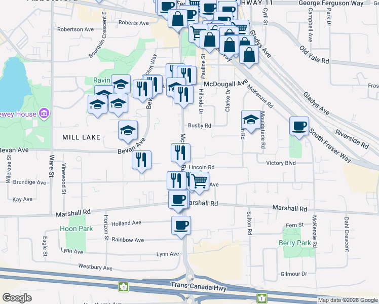 map of restaurants, bars, coffee shops, grocery stores, and more near 33623 Wildwood Drive in Abbotsford