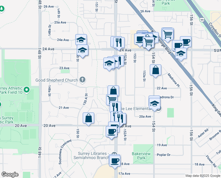 map of restaurants, bars, coffee shops, grocery stores, and more near in Surrey