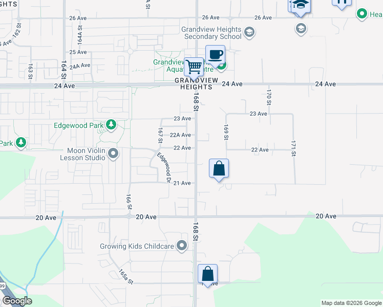 map of restaurants, bars, coffee shops, grocery stores, and more near 2187 168 Street in Surrey