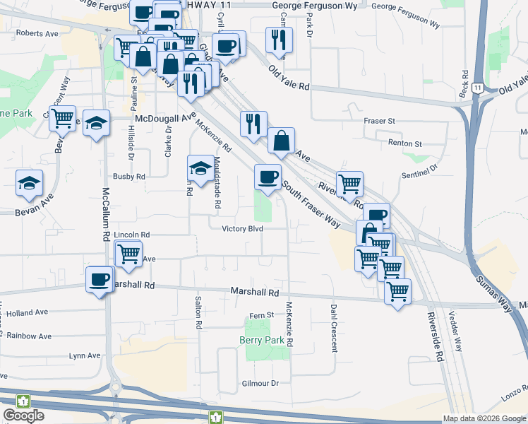 map of restaurants, bars, coffee shops, grocery stores, and more near in Abbotsford