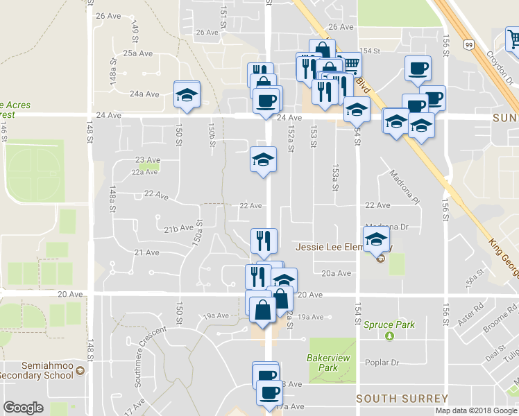 map of restaurants, bars, coffee shops, grocery stores, and more near in Surrey