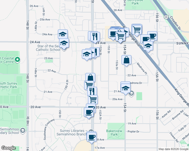 map of restaurants, bars, coffee shops, grocery stores, and more near 2190 152 Street in Surrey