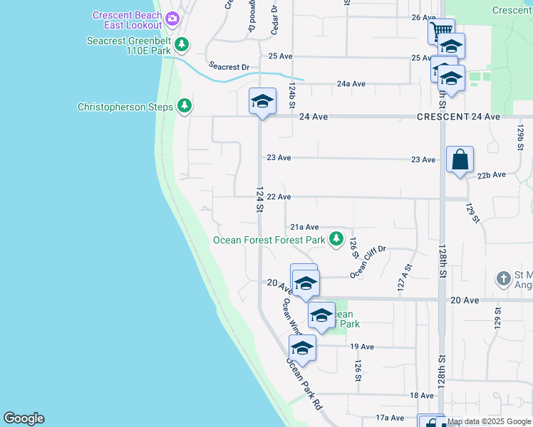 map of restaurants, bars, coffee shops, grocery stores, and more near 2162 124 Street in Surrey