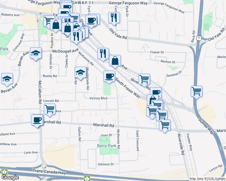 map of restaurants, bars, coffee shops, grocery stores, and more near 2233 McKenzie Road in Abbotsford