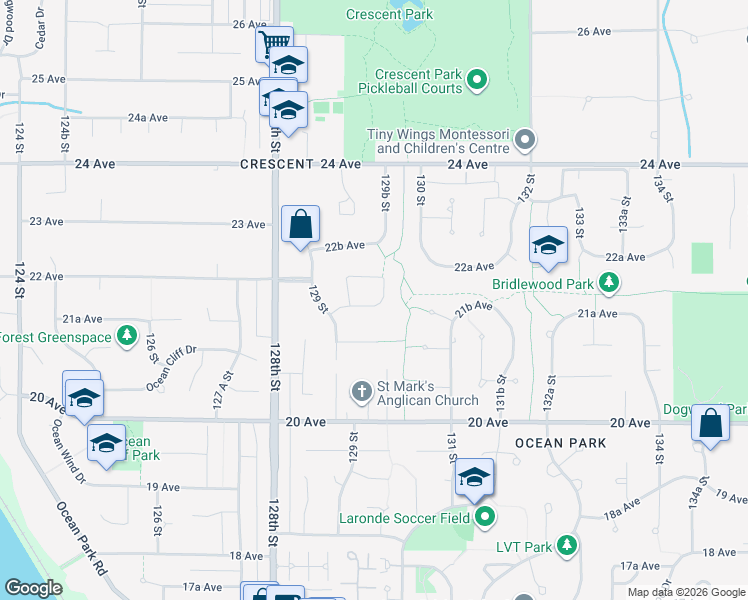 map of restaurants, bars, coffee shops, grocery stores, and more near 12945 21B Avenue in Surrey
