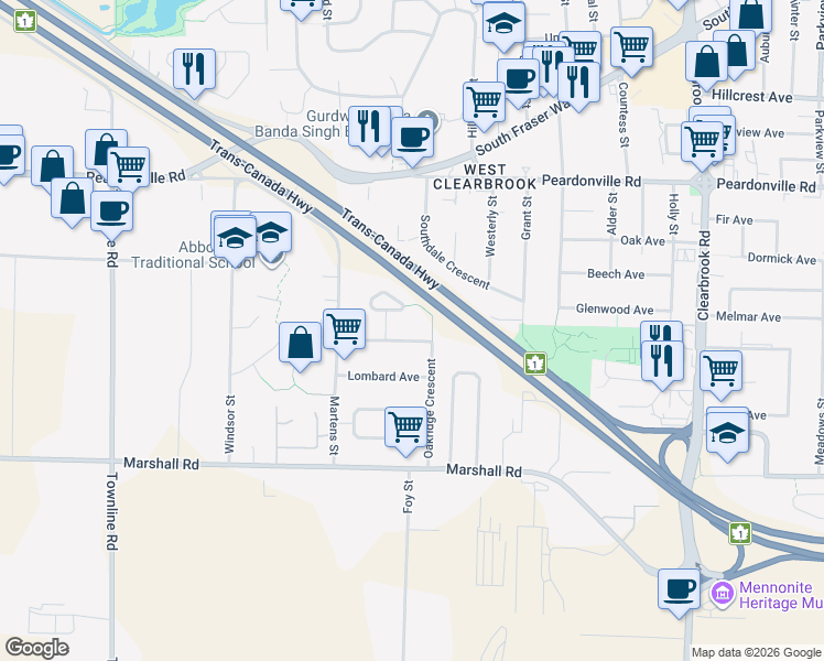 map of restaurants, bars, coffee shops, grocery stores, and more near 31595 Oakridge Crescent in Abbotsford