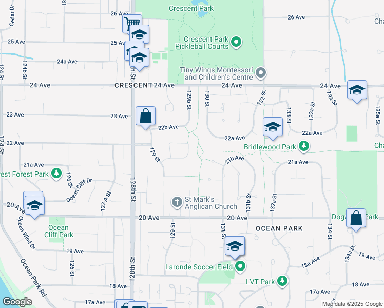 map of restaurants, bars, coffee shops, grocery stores, and more near 2198 129B Street in Surrey