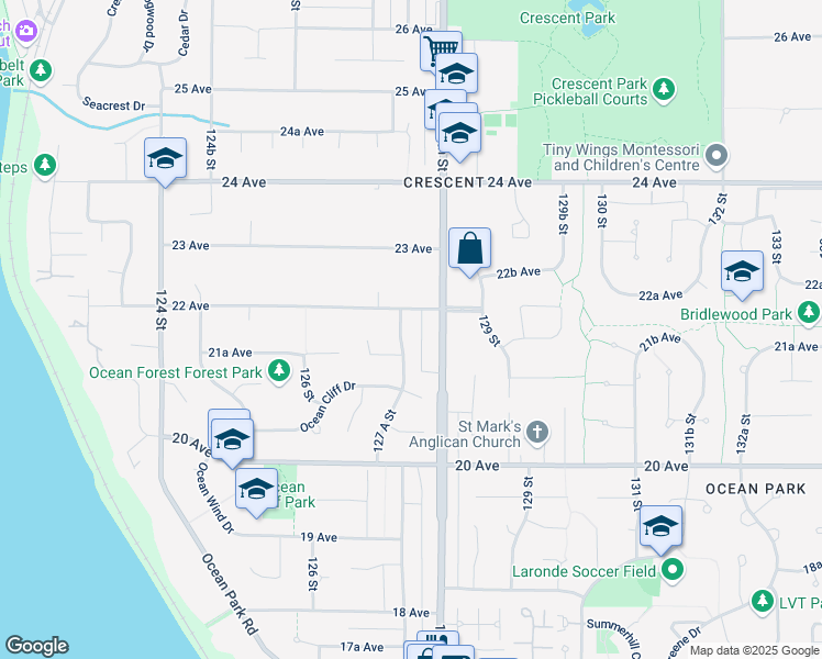map of restaurants, bars, coffee shops, grocery stores, and more near 2170 127 A Street in Surrey