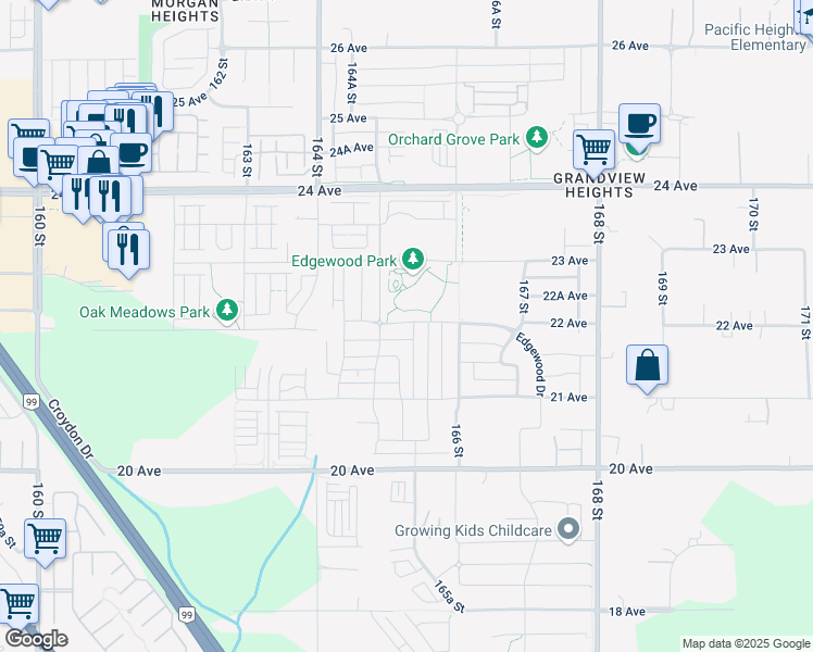 map of restaurants, bars, coffee shops, grocery stores, and more near 2185 165B Street in Surrey