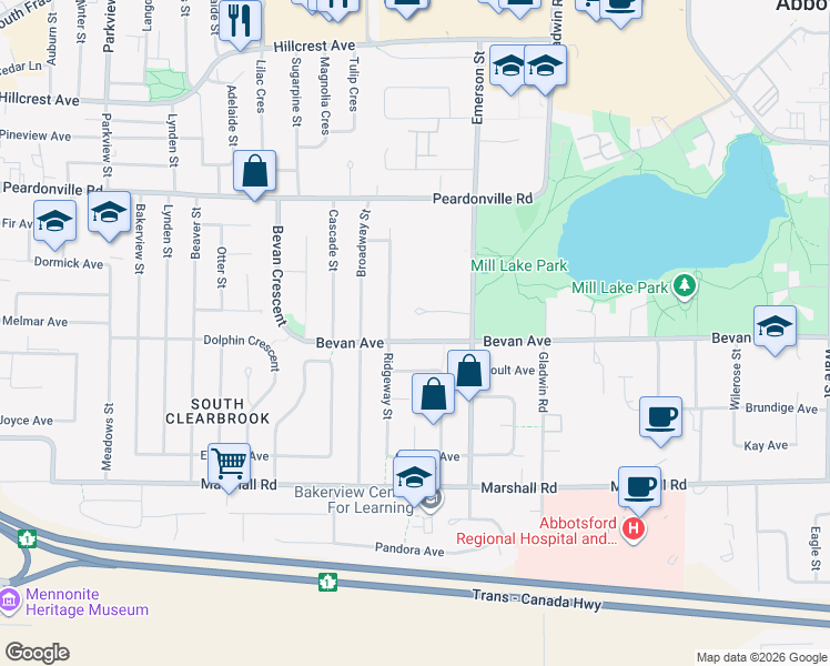 map of restaurants, bars, coffee shops, grocery stores, and more near 32615 Bevan Avenue in Abbotsford