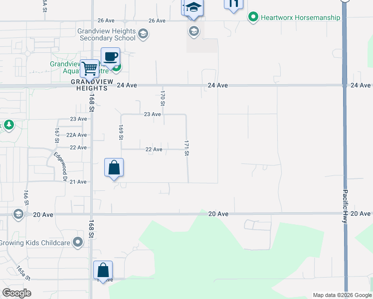 map of restaurants, bars, coffee shops, grocery stores, and more near 171 Street in Surrey