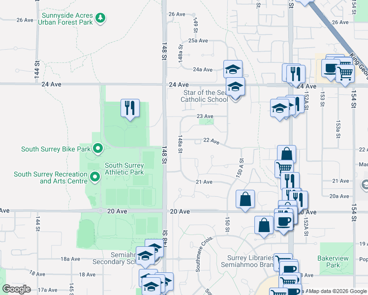 map of restaurants, bars, coffee shops, grocery stores, and more near 2192 148A Street in Surrey