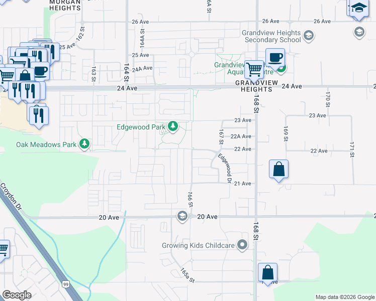 map of restaurants, bars, coffee shops, grocery stores, and more near 16594 22 Avenue in Surrey