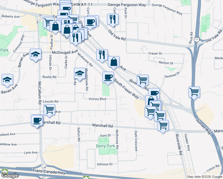 map of restaurants, bars, coffee shops, grocery stores, and more near 2233 McKenzie Road in Abbotsford