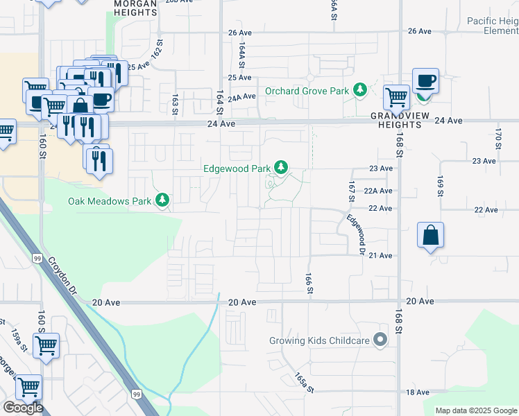 map of restaurants, bars, coffee shops, grocery stores, and more near 2217 165 Street in Surrey