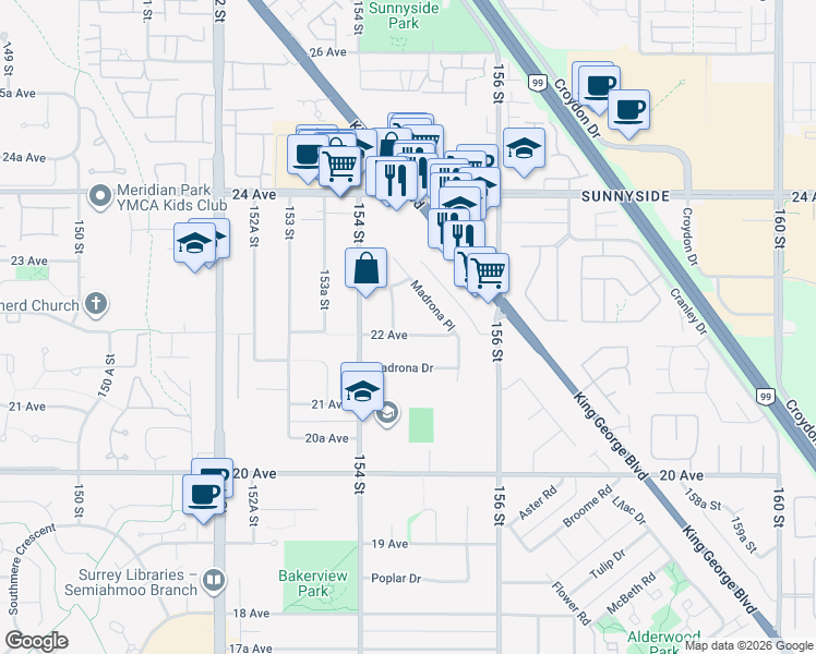 map of restaurants, bars, coffee shops, grocery stores, and more near 15469 22 Avenue in Surrey