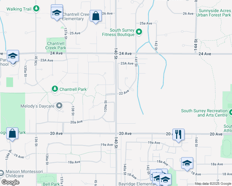 map of restaurants, bars, coffee shops, grocery stores, and more near 2219 140 Street in Surrey