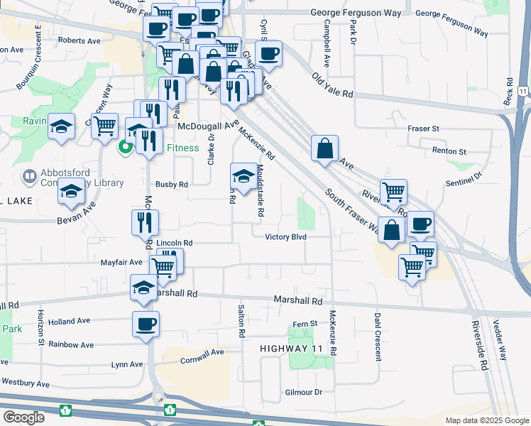 map of restaurants, bars, coffee shops, grocery stores, and more near 2224 Mouldstade Road in Abbotsford