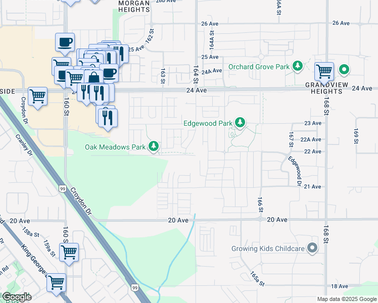 map of restaurants, bars, coffee shops, grocery stores, and more near 2220 164 Street in Surrey