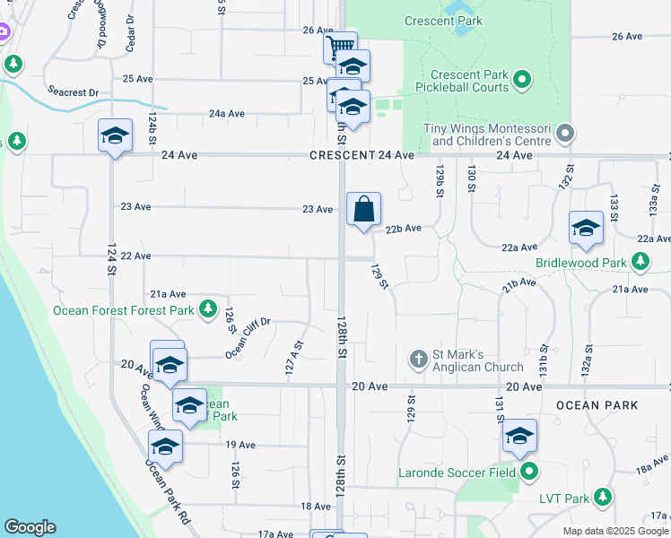 map of restaurants, bars, coffee shops, grocery stores, and more near 2183 128th Street in Surrey