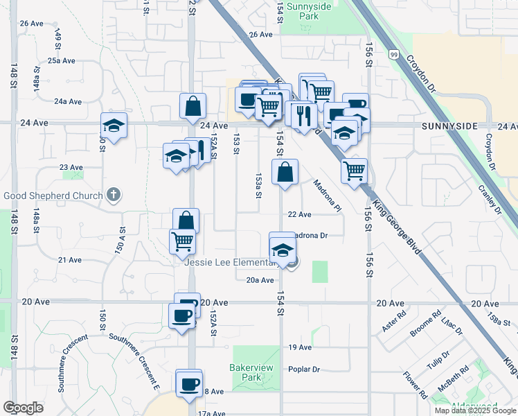 map of restaurants, bars, coffee shops, grocery stores, and more near 2214 153A Street in Surrey