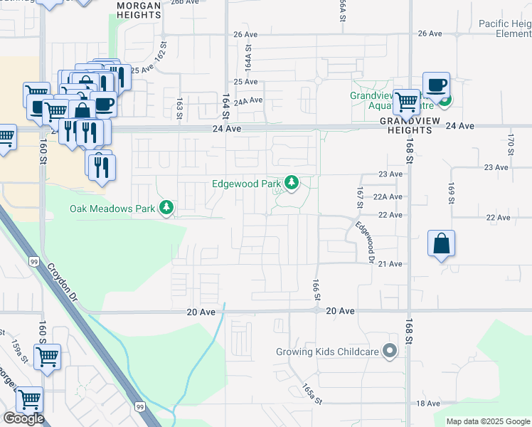 map of restaurants, bars, coffee shops, grocery stores, and more near 165 Street in Surrey