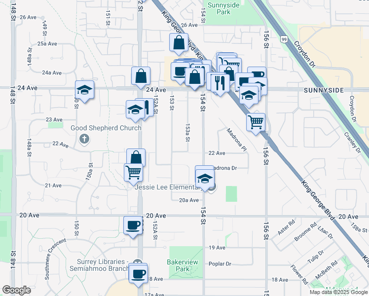 map of restaurants, bars, coffee shops, grocery stores, and more near 2215 153A Street in Surrey