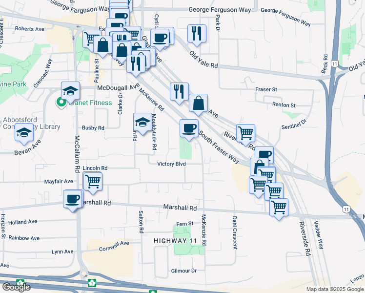 map of restaurants, bars, coffee shops, grocery stores, and more near 2267 McKenzie Road in Abbotsford