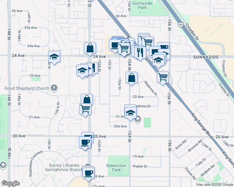 map of restaurants, bars, coffee shops, grocery stores, and more near 2215 153A Street in Surrey