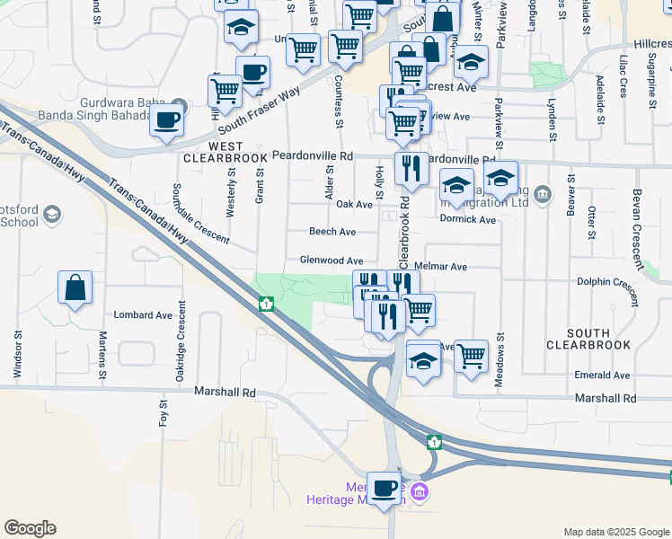 map of restaurants, bars, coffee shops, grocery stores, and more near 31888 Glenwood Avenue in Abbotsford