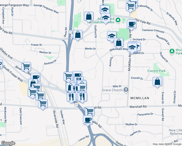 map of restaurants, bars, coffee shops, grocery stores, and more near 34502 Blatchford Way in Abbotsford