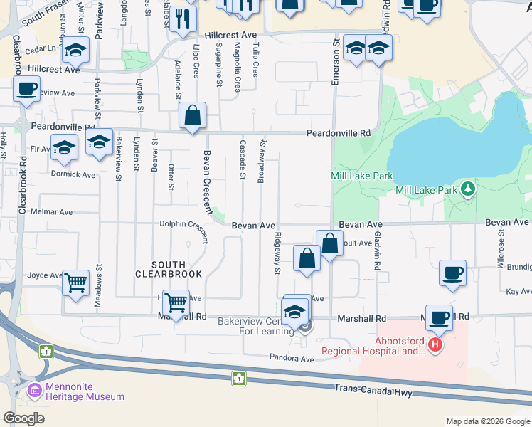 map of restaurants, bars, coffee shops, grocery stores, and more near 32555 Bevan Avenue in Abbotsford