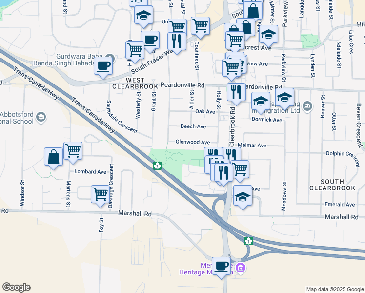 map of restaurants, bars, coffee shops, grocery stores, and more near 31846 Glenwood Avenue in Abbotsford