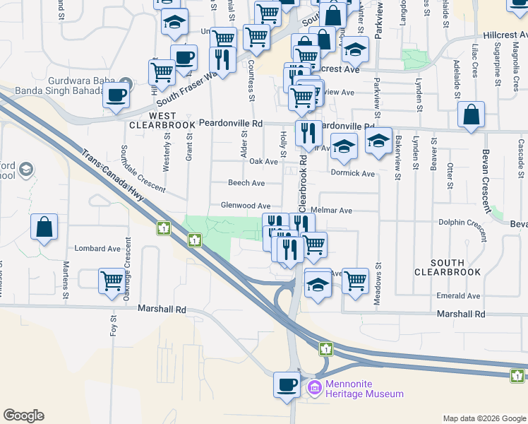 map of restaurants, bars, coffee shops, grocery stores, and more near 31920 Glenwood Avenue in Abbotsford