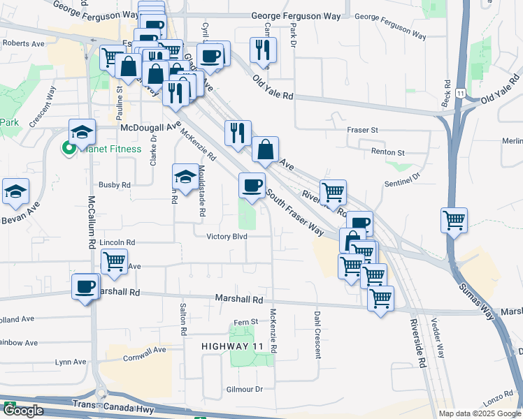 map of restaurants, bars, coffee shops, grocery stores, and more near 2233 McKenzie Road in Abbotsford
