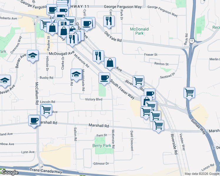 map of restaurants, bars, coffee shops, grocery stores, and more near 2233 McKenzie Road in Abbotsford