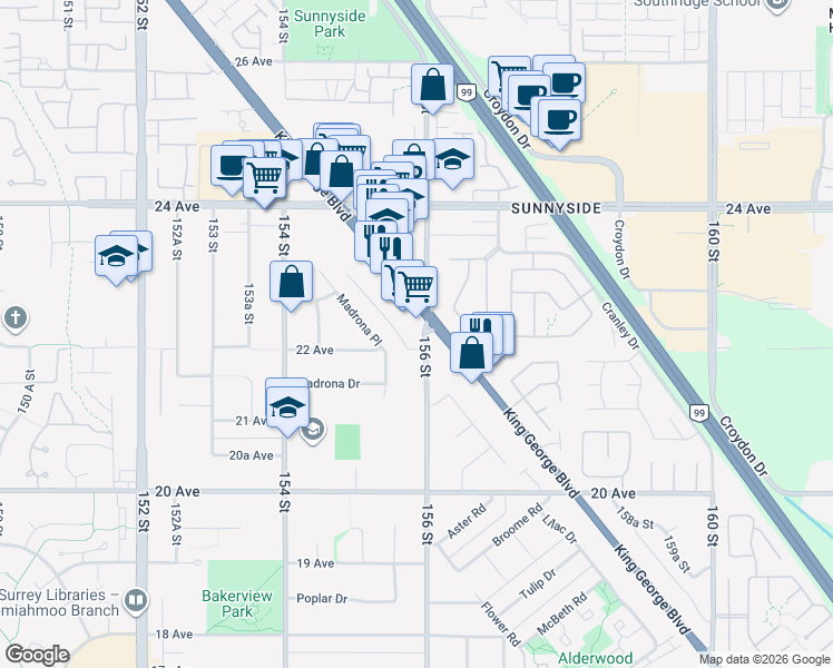 map of restaurants, bars, coffee shops, grocery stores, and more near in Surrey