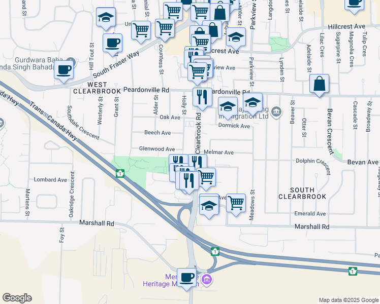 map of restaurants, bars, coffee shops, grocery stores, and more near 2211 Clearbrook Road in Abbotsford