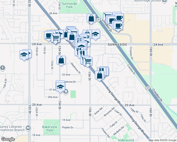 map of restaurants, bars, coffee shops, grocery stores, and more near 2233 156 Street in Surrey