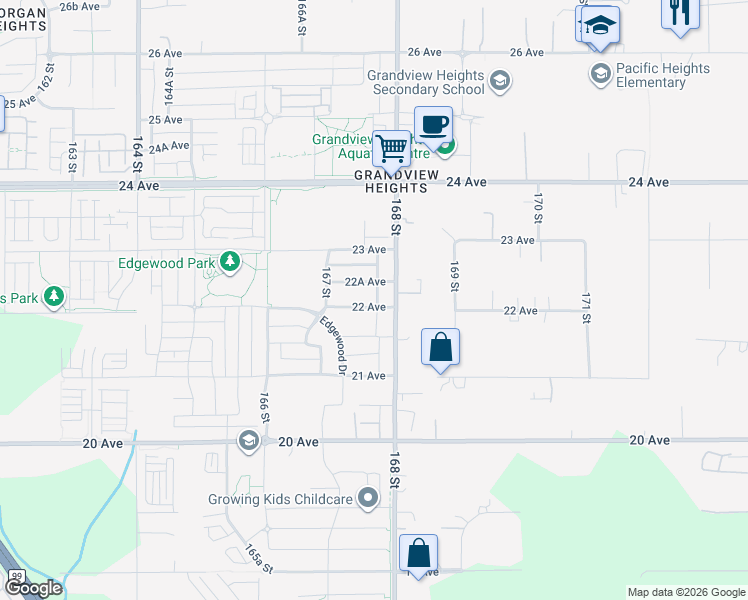 map of restaurants, bars, coffee shops, grocery stores, and more near 16787 22 Avenue in Surrey