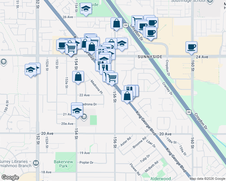 map of restaurants, bars, coffee shops, grocery stores, and more near 2233 156 Street in Surrey