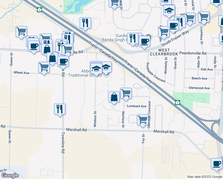 map of restaurants, bars, coffee shops, grocery stores, and more near 31447 Winton Avenue in Abbotsford