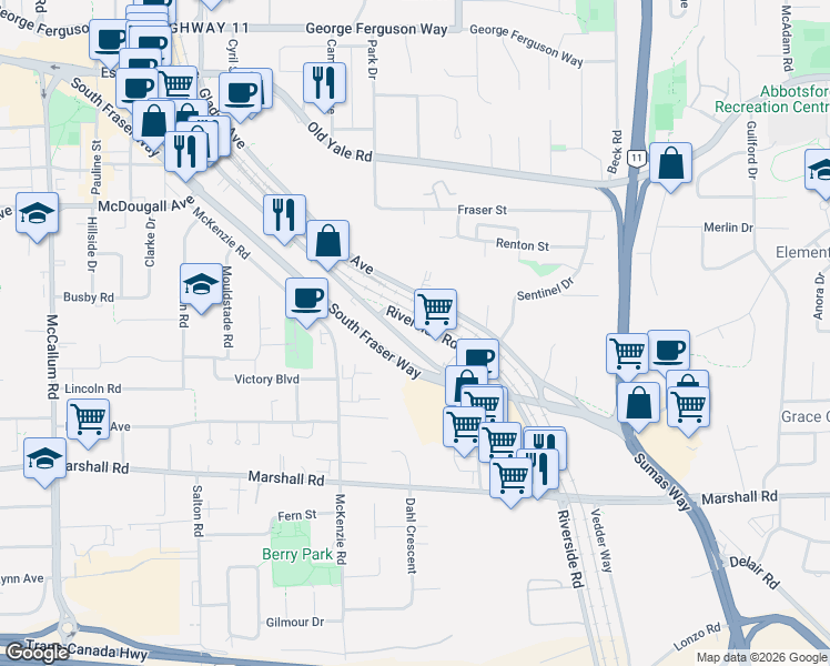 map of restaurants, bars, coffee shops, grocery stores, and more near 2200 West Railway Street in Abbotsford