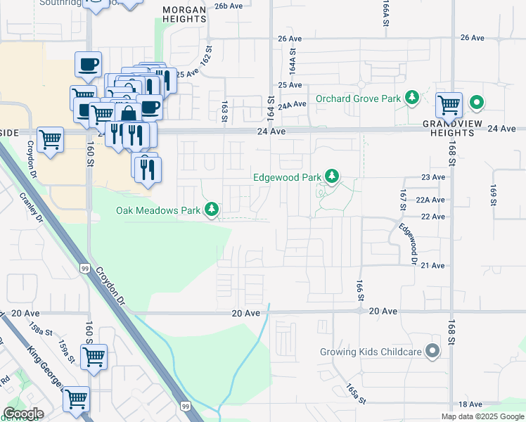 map of restaurants, bars, coffee shops, grocery stores, and more near 2220 164 Street in Surrey
