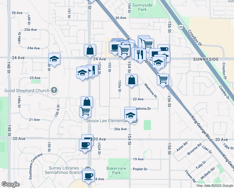 map of restaurants, bars, coffee shops, grocery stores, and more near 2227 153A Street in Surrey