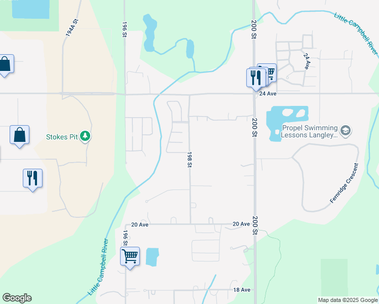 map of restaurants, bars, coffee shops, grocery stores, and more near 2240 198 Street in Langley
