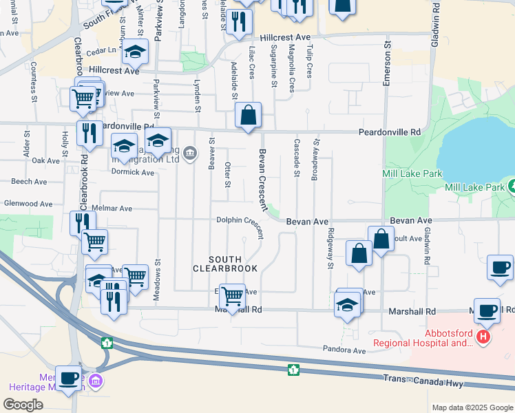 map of restaurants, bars, coffee shops, grocery stores, and more near 2229 Bevan Crescent in Abbotsford