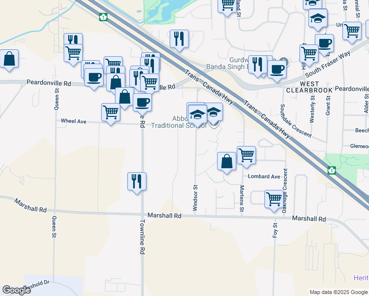 map of restaurants, bars, coffee shops, grocery stores, and more near 2204 Carpenter Street in Abbotsford