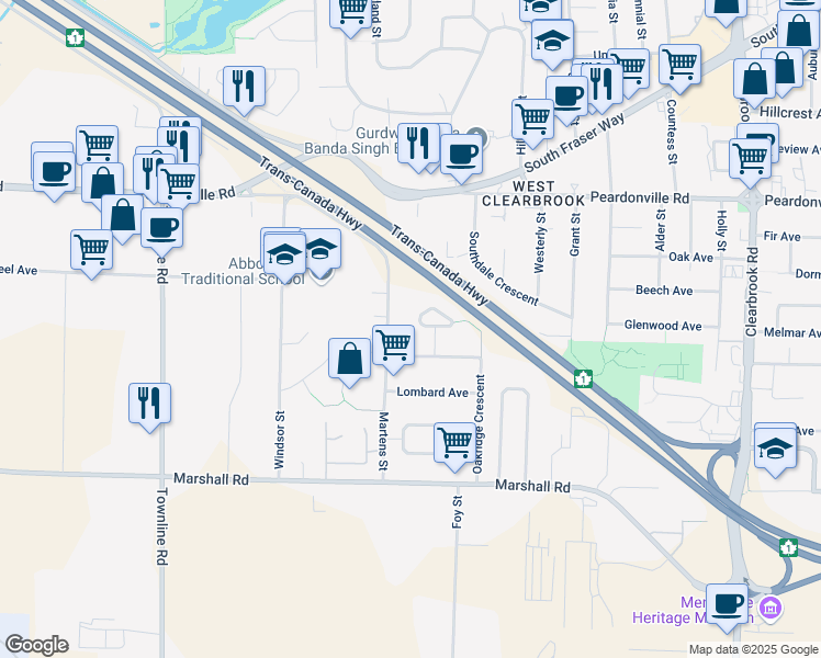 map of restaurants, bars, coffee shops, grocery stores, and more near 2211 Crystal Court in Abbotsford